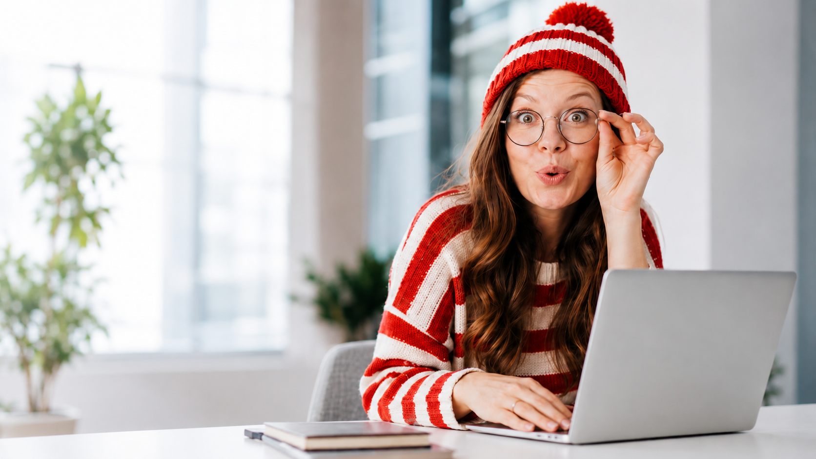 Frau im "Wo ist Waldo-Stil" überdascht vor Computer.